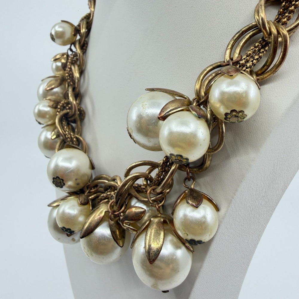 Gold Tone Faux Pearl Cluster Necklace - Boho Chunky Layering Statement - Picture 8 of 13